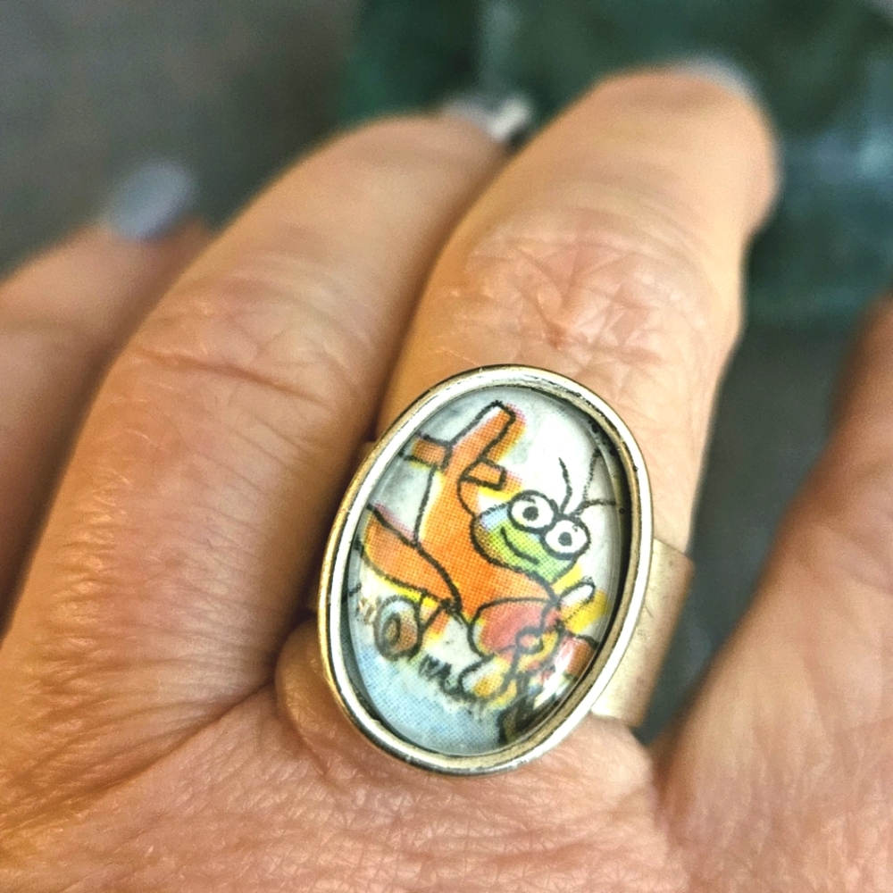 Pilot Bug Richard Scarry Art Cabochon Ring Ooak 1970s Book Page Original Page